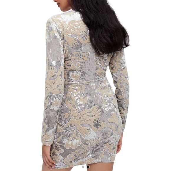 Maje Raneli Sequined Velvet Long Sleeve Mini Dress Argent Small - Picture 4 of 11